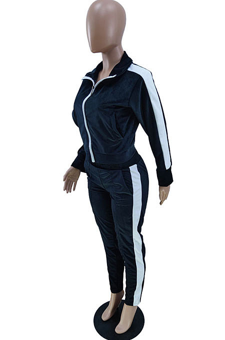 Yellow Wholesale Velvet Side White Stripe Cardigan Zip Front Jacket Coat Trousers Sport Sets BM7235-4