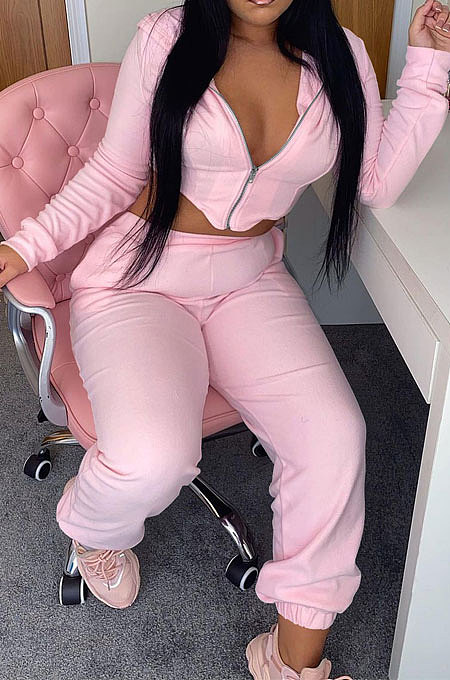 Orange Fashion Suede Long Sleeve Zipper Hoodie High Waist Trousers Plain Color Sport Sets BBN213-3