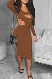 Orange Red Women Pure Color Bodycon Ribber Hole Long Sleeve Midi Dress ED1080-3