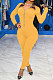 Yellow Women Pure Color Long Sleeve Zipper Plaid Printing Spliced Bodycon Jumpsuits LD81051-2