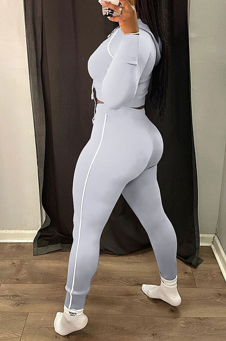 White Modest Shirred Detail Side Stripe Long Sleeve Dew Waist Tops Pencil Pants Slim Fitting Sets YYF8257-1