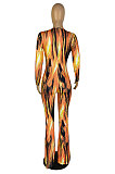 Rose Red Wholesale Women Printing Long Sleeve V Neck Collect Waist Flare Jumpsuits ZMM9125-3