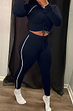 Grey Modest Shirred Detail Side Stripe Long Sleeve Dew Waist Tops Pencil Pants Slim Fitting Sets YYF8257-5