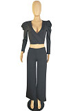 Black Sexy Pure Color Puff Sleeve V Neck Back Bandage Crop Tops Wide Leg Pants Sets ZMM9126-1