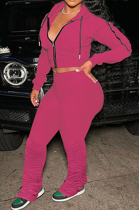 Rose Red Euramerican Women Autumn Pure Color Zipper Hooded Top Ruffle Pants Sets XQ1146-5
