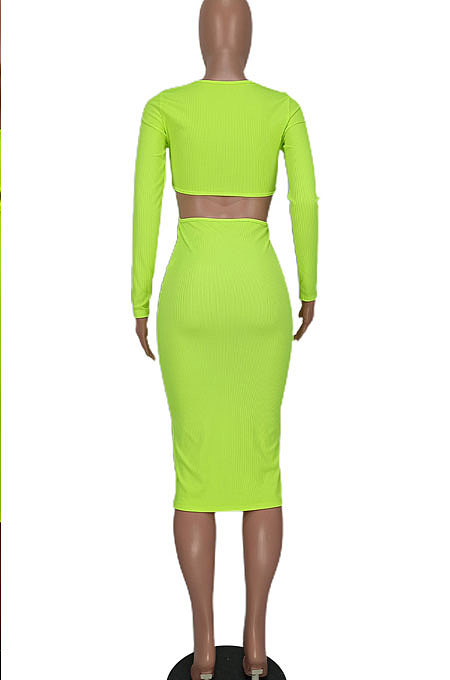 Orange Red Women Pure Color Bodycon Ribber Hole Long Sleeve Midi Dress ED1080-3