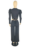 Rose Red Sexy Pure Color Puff Sleeve V Neck Back Bandage Crop Tops Wide Leg Pants Sets ZMM9126-2