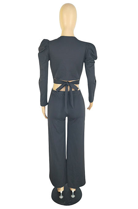 Orange Red Sexy Pure Color Puff Sleeve V Neck Back Bandage Crop Tops Wide Leg Pants Sets ZMM9126-3