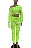 Yellow Women Batwing Sleeve Pure Color Long Sleeve Crop Ruffle Pants Sets LD8768-2
