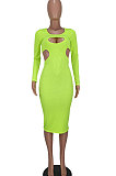 Orange Red Women Pure Color Bodycon Ribber Hole Long Sleeve Midi Dress ED1080-3