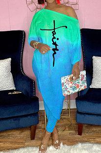 Blue Tie Dye Design Printing Long Sleeve Oblique Shoulder Tops Skinny Pants Casual Sets YNS1680-2