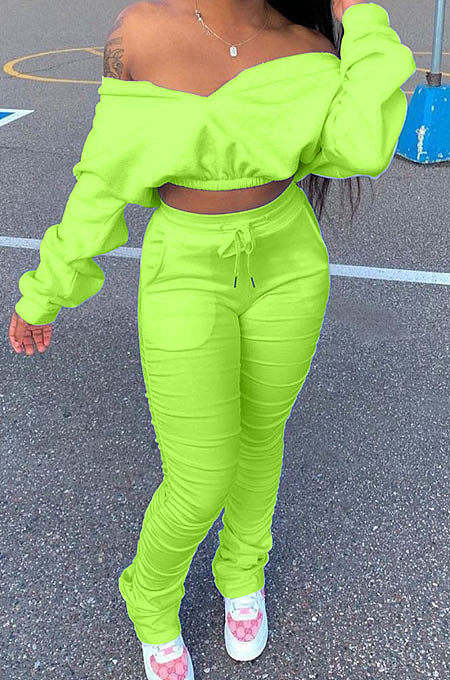 Yellow Women Batwing Sleeve Pure Color Long Sleeve Crop Ruffle Pants Sets LD8768-2