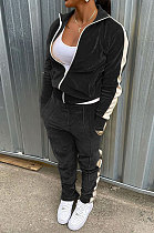 Black Wholesale Velvet Side White Stripe Cardigan Zip Front Jacket Coat Trousers Sport Sets BM7235-1