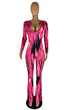 Rose Red Wholesale Women Printing Long Sleeve V Neck Collect Waist Flare Jumpsuits ZMM9125-3