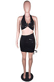 Red Night Club PU Leather Halter Neck Strapless &Samll Jacket Coat Drawsting Hip Skirts Plain Color Three Piece BS1294-3