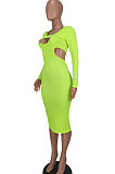 Brown Women Pure Color Bodycon Ribber Hole Long Sleeve Midi Dress ED1080-1