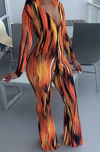 Orange Wholesale Women Printing Long Sleeve V Neck Collect Waist Flare Jumpsuits ZMM9125-1