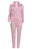 Brown Women Trendy Casual Thin Velvet Pure Color Long Sleeve Cardigan Zipper Pants Sets ED1074-3