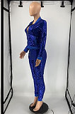 Peacock Blue Night Club Casual Saquins Long Sleeve Zip Front Coat Trousers Sets YYF8260-1