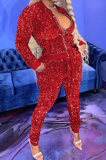 Red Night Club Casual Saquins Long Sleeve Zip Front Coat Trousers Sets YYF8260-2