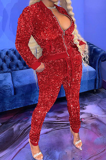 Red Night Club Casual Saquins Long Sleeve Zip Front Coat Trousers Sets YYF8260-2