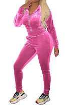 Rose Red Winter Women's Velvet  Long Sleeve Zipper Cardigan Hoodie Pencil Pants Sports Sets ZMM9137-3