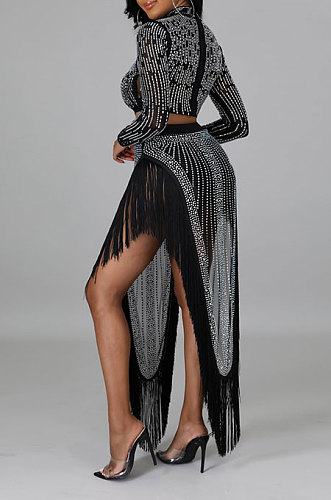 Black Women Long Sleeve Round Collar Hot Drilling Sexy Side High Split Tassel Skirts Sets CCY9327-1