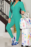 Blue Simple New Fish-Scale Pattern Long Sleeve Zipper Hoodie Skinny Pants Yoga Solid Color Sets ZMM9135-1