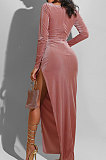 Wine Red Fashion Sexy Velvet Long Sleeve Square Neck For Party High Slits Slim Fitting Dress ZS0428-1