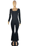Yellow Sexy Cotton Blend Long Sleeve Slim Fitting Solid Color Flare Jumpsuits ZMM9123-1