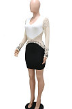 White Wowen Fashion Deep V Collar Sexy Color Matching Bling Bling Hip Mini Dress CCY9336