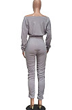 Gray Women Batwing Sleeve Pure Color Long Sleeve Crop Ruffle Pants Sets LD8768-3