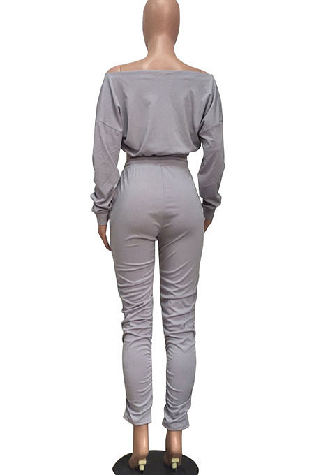 Gray Women Batwing Sleeve Pure Color Long Sleeve Crop Ruffle Pants Sets LD8768-3
