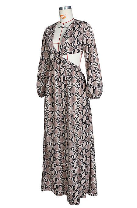 Camel White Sexy Snakeskin Long Sleeve V Neck Hollow Out Collect Waist Long Dress ZS0427-2