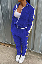 Blue Wholesale Velvet Side White Stripe Cardigan Zip Front Jacket Coat Trousers Sport Sets BM7235-3