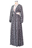 Black White Sexy Snakeskin Long Sleeve V Neck Hollow Out Collect Waist Long Dress ZS0427-1