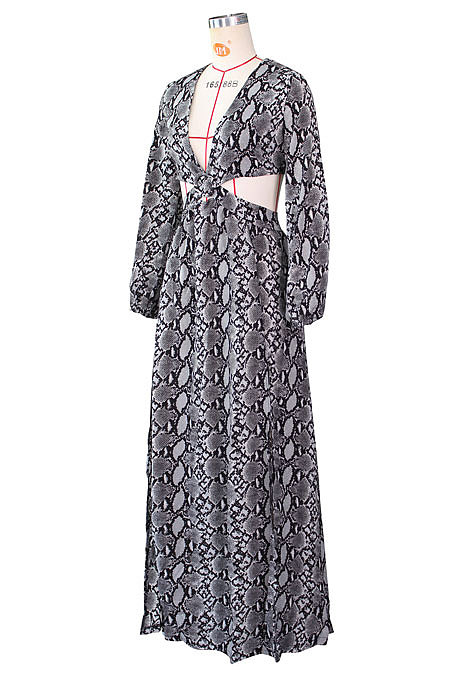 Black White Sexy Snakeskin Long Sleeve V Neck Hollow Out Collect Waist Long Dress ZS0427-1
