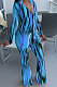 Blue Wholesale Women Printing Long Sleeve V Neck Collect Waist Flare Jumpsuits ZMM9125-2