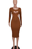 Brown Women Pure Color Bodycon Ribber Hole Long Sleeve Midi Dress ED1080-1