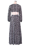 Camel White Sexy Snakeskin Long Sleeve V Neck Hollow Out Collect Waist Long Dress ZS0427-2