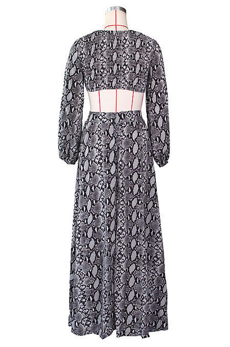 Camel White Sexy Snakeskin Long Sleeve V Neck Hollow Out Collect Waist Long Dress ZS0427-2