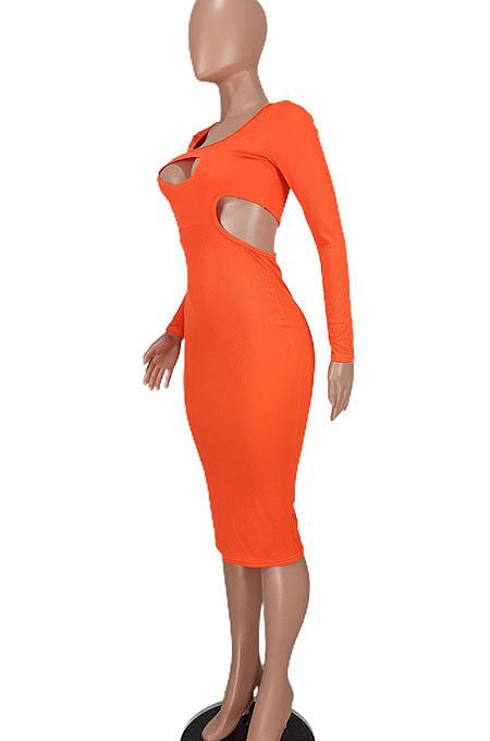 Orange Red Women Pure Color Bodycon Ribber Hole Long Sleeve Midi Dress ED1080-3