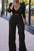 Black Sexy Pure Color Puff Sleeve V Neck Back Bandage Crop Tops Wide Leg Pants Sets ZMM9126-1