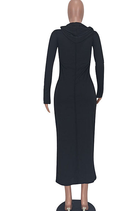 Rose Red Women Fashion Long Sleeve Solid Color Cotton Hooded Mid Waist Long Dress ED1073-2
