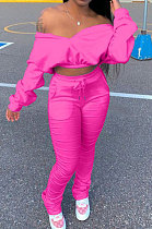 Rose Red Women Batwing Sleeve Pure Color Long Sleeve Crop Ruffle Pants Sets LD8768-6