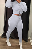 Grey Modest Shirred Detail Side Stripe Long Sleeve Dew Waist Tops Pencil Pants Slim Fitting Sets YYF8257-5