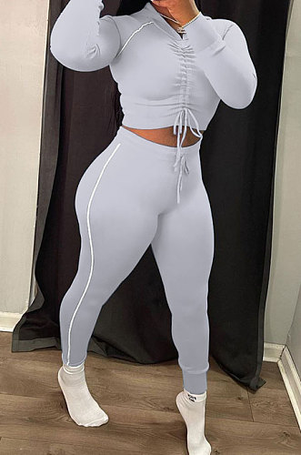 Grey Modest Shirred Detail Side Stripe Long Sleeve Dew Waist Tops Pencil Pants Slim Fitting Sets YYF8257-5