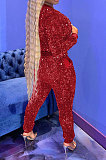 Red Night Club Casual Saquins Long Sleeve Zip Front Coat Trousers Sets YYF8260-2