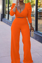 Orange Red Sexy Pure Color Puff Sleeve V Neck Back Bandage Crop Tops Wide Leg Pants Sets ZMM9126-3