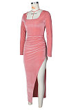 Wine Red Fashion Sexy Velvet Long Sleeve Square Neck For Party High Slits Slim Fitting Dress ZS0428-1